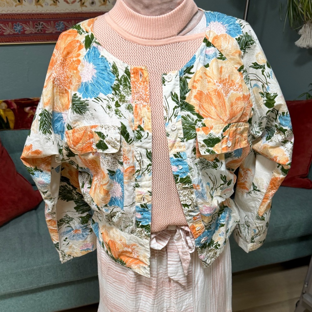 Vintage Pastel Floral peplum waist dolman sleeves Jacket spring summer cotton S